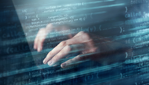 Hands typing on computer keyboard with programming language overlay