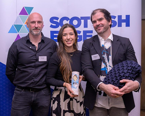 L-R Mark Scott of Bella Duke, Konpanion.com Camila Jimenez Pol and Alexandre Colle holding award